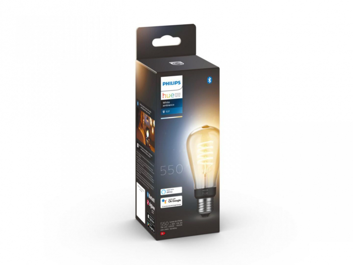 Bec LED inteligent vintage (decorativ) Philips Hue Filament Edison ST64, Bluetooth, E27, 7W (40W), 550 lm, lumina alba (2200-4500K)