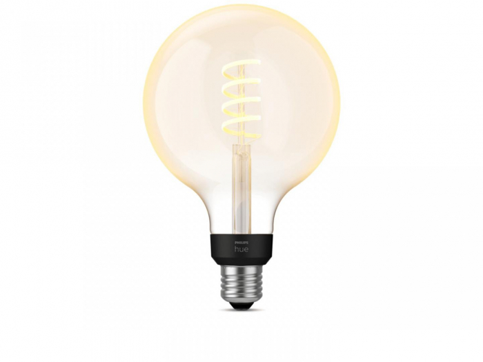 Bec LED inteligent vintage (decorativ) Philips Hue Filament Glob G125, Bluetooth, E27, 7W (40W), 550 lm, lumina alba (2200-4500K)