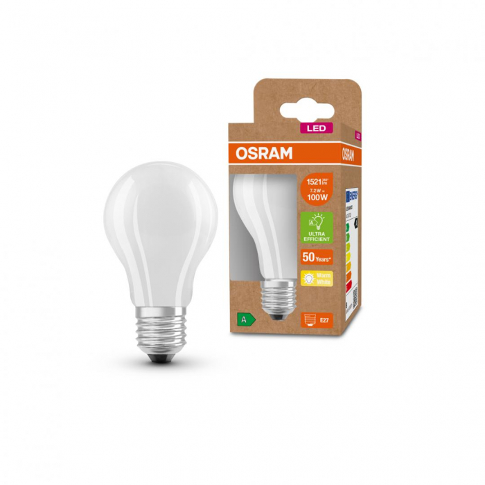 Bec LED Osram Classic A60, Ultra Efficient Light, E27, 7.2W (100W), 1521 lm, lumina calda (3000K)