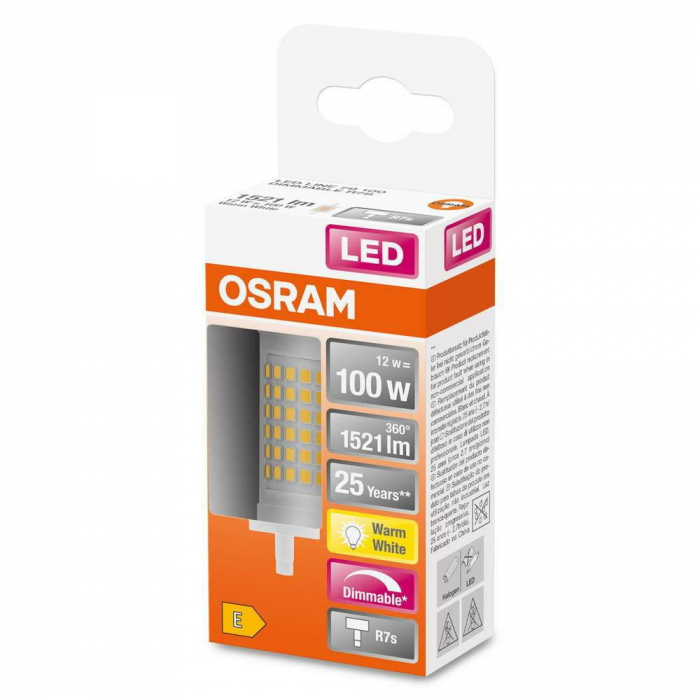 Bec LED Osram DIM LINE, R7s, 12W (100W), 1521 lm, lumina calda (2700K), dimabila, 78mm, O28mm