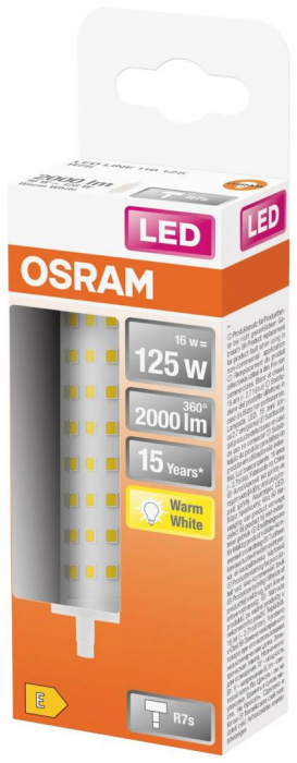 Bec LED Osram LINE, R7s, 16W (125W), 2000 lm, lumina calda (2700K), 118mm, O29mm