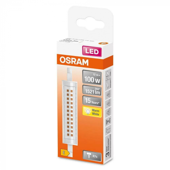 Bec LED Osram SLIM LINE, R7s, 12W (100W), 1521 lm, lumina calda (2700K), 118mm, O20mm