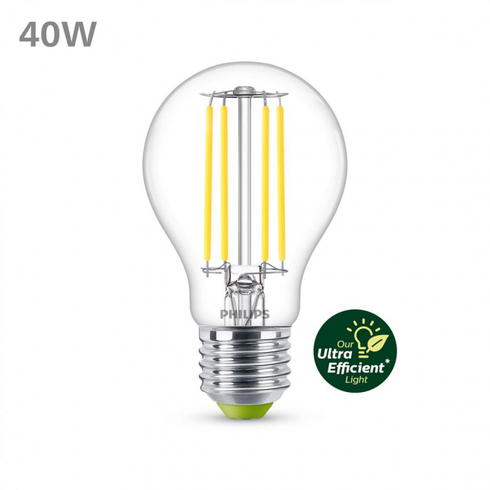 Bec LED Philips Classic A60, Ultra Efficient Light, E27, 2.3W (40W), 485 lm, lumina neutra (4000K)