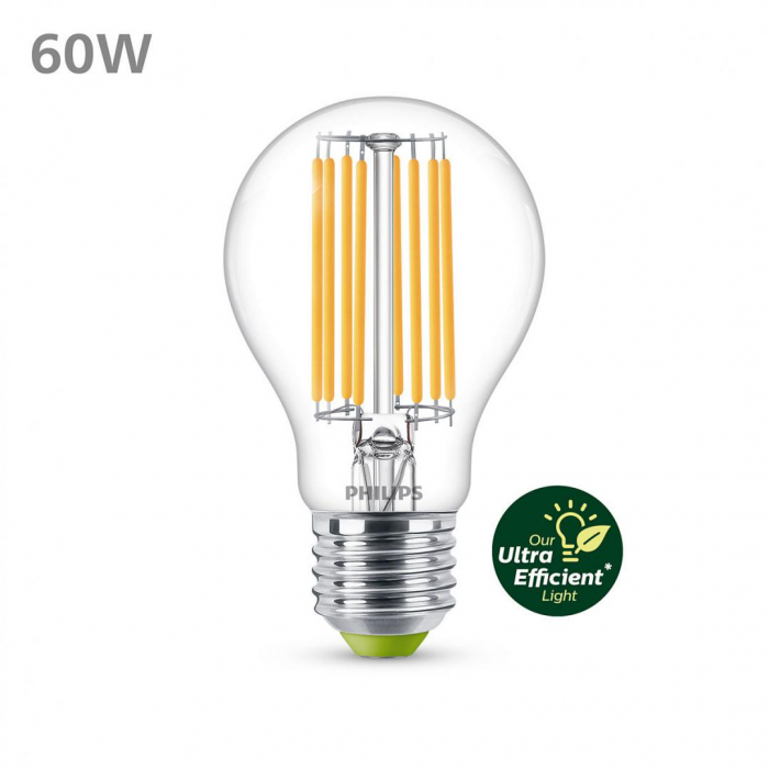 Bec LED Philips Classic A60, Ultra Efficient Light, E27, 4W (60W), 840 lm, lumina calda (3000K)