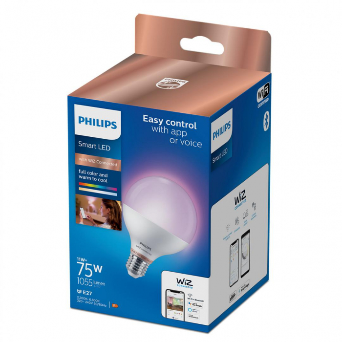 Bec LED RGB inteligent Philips Glob G95, Wi-Fi, Bluetooth, E27, 11W (75W), 1055 lm, lumina alba si color (2200-6500K)