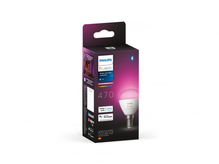 Bec LED RGB inteligent Philips Hue P45, Bluetooth, E14, 5.1W, 470 lm, lumina alba si color (2000-6500K)