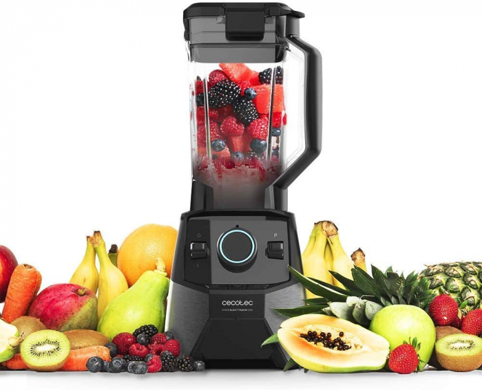 Blender de masa Cecotec 4118 Power Black Titanium 2000 Pro, Putere 2000 W, 32500 RPM, 3 programe predefinite, 8 lame cu acoperire Titan, Negru