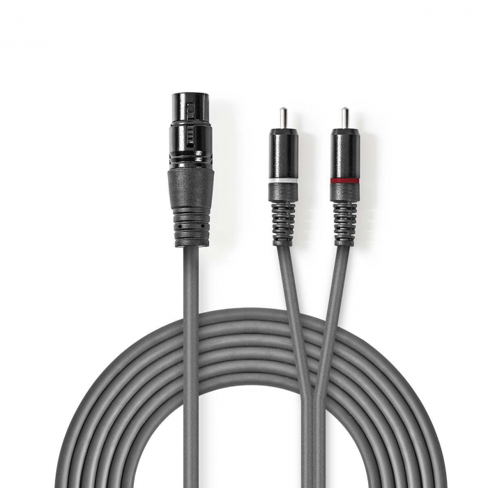 Cablu audio stereo XLR 3-Pini mama - 2x RCA tata, 2m, gri, Nedis