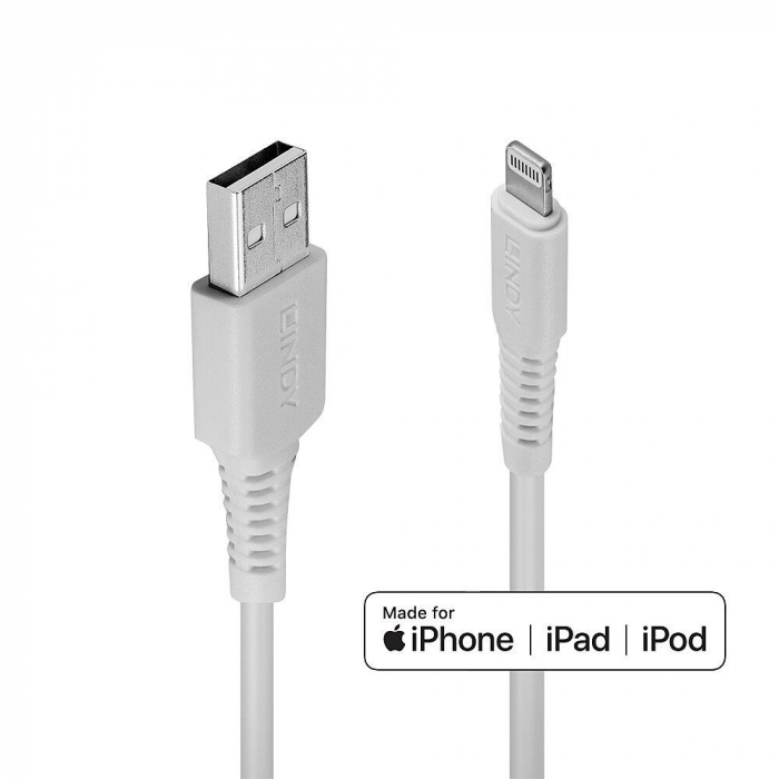 Cablu Lindy 1m USB A 2.0 to Lightning, alb