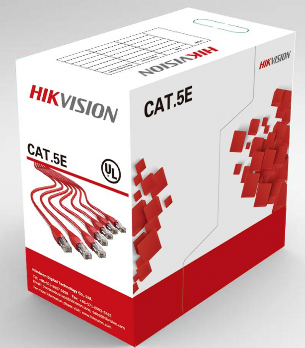 Cablu U UTP cat. 5E Hikvision, DS-1LN5E-S, 4x24AWG, material cupru integral, ANSI TIA-568-C.2 PVC, cutie 305 metri.
