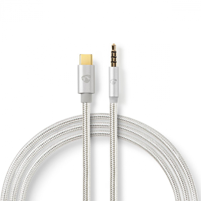 Cablu USB-C - jack 3.5 mm tata, 1m, argintiu textil, Nedis