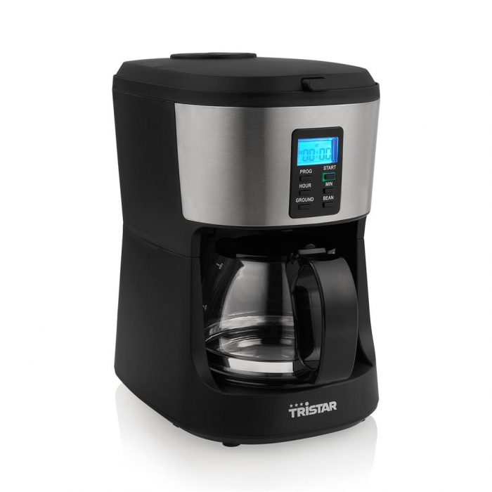 Cafetiera cu rasnita Tristar CM-1280, 650 W, 0.75 l, 6 cesti, control digital, Negru Inox