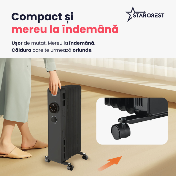 Resigilat - Calorifer electric cu ulei STARCREST SOH-0715BK, 1500 W, 7 elementi, 3 trepte de putere, Termostat mecanic, Protectie supraincalzire, Siguranta anti cadere, Negru [7]