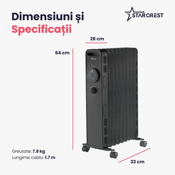 Calorifer electric cu ulei STARCREST SOH-0715BK, 1500 W, 7 elementi, 3 trepte de putere, Termostat mecanic, Protectie supraincalzire, Siguranta anti cadere, Negru [7]