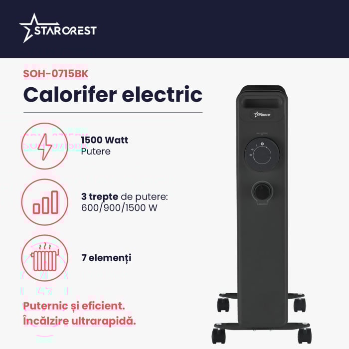 Calorifer electric cu ulei STARCREST SOH-0715BK, 1500 W, 7 elementi, 3 trepte de putere, Termostat mecanic, Protectie supraincalzire, Siguranta anti cadere, Negru [2]