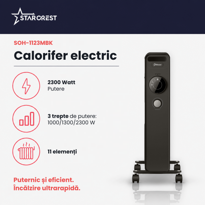 Calorifer electric cu ulei STARCREST SOH-1123MBK, 2300 W, 11 elementi, 3 trepte de putere, Termostat mecanic, Protectie supraincalzire, Siguranta anti cadere, Negru [2]