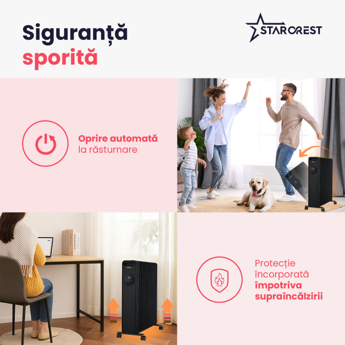 Calorifer electric cu ulei STARCREST SOH-1325BK, 2500 W, 13 elementi, Temporizator, 3 trepte de putere, Termostat digital, Protectie supraincalzire, Siguranta anti cadere, Negru [4]