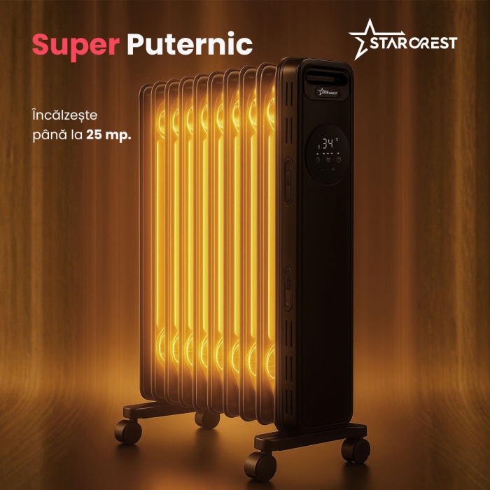 Calorifer electric cu ulei STARCREST SOH-1325BK, 2500 W, 13 elementi, Temporizator, 3 trepte de putere, Termostat digital, Protectie supraincalzire, Siguranta anti cadere, Negru [5]