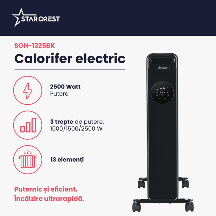 Calorifer electric cu ulei STARCREST SOH-1325BK, 2500 W, 13 elementi, Temporizator, 3 trepte de putere, Termostat digital, Protectie supraincalzire, Siguranta anti cadere, Negru [2]