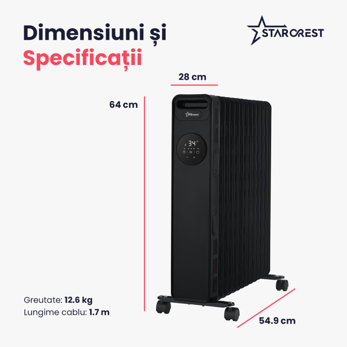 Calorifer electric cu ulei STARCREST SOH-1325BK, 2500 W, 13 elementi, Temporizator, 3 trepte de putere, Termostat digital, Protectie supraincalzire, Siguranta anti cadere, Negru [6]