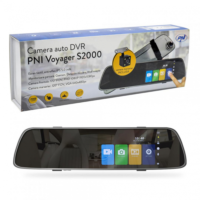 Camera auto DVR PNI Voyager S2000 Full HD incorporata in oglinda retrovizoare 1080P 170 grade, 5 inch, touchscreen IPS, aplicat pe oglinda retrovizoare si camera de mers inapoi 120 grade VGA, mod noap