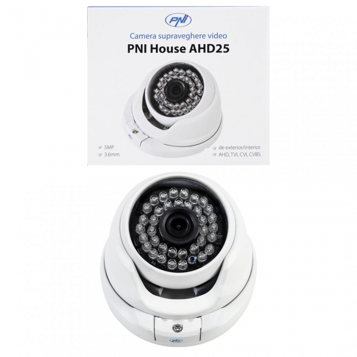 Camera supraveghere video PNI House AHD25 5MP, dome, lentila 3.6mm, 36 LED-uri IR, de exterior sau interior, IP66, Sistem TV: PAL, IR 25m, Dimensiuni: 100 X 105 X 75 mm, Rezolutie imagine: 2560 x 1920