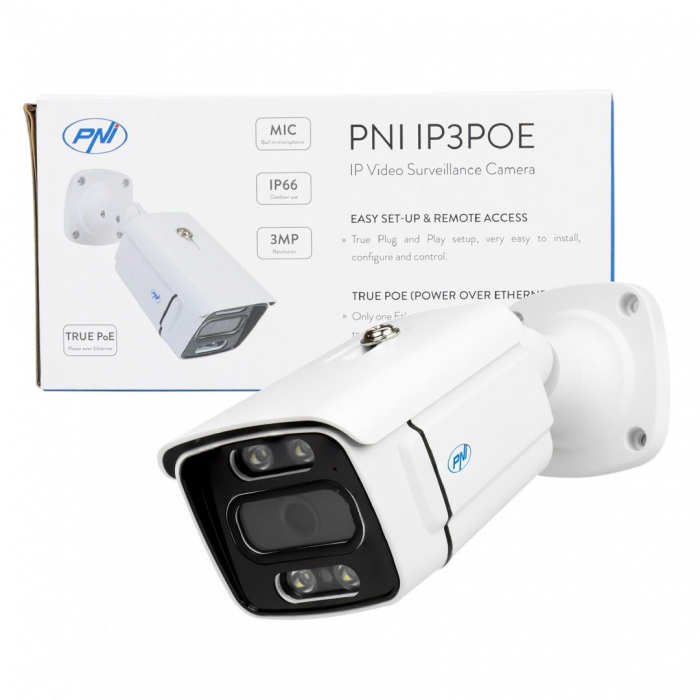 Camera supraveghere video PNI IP3POE cu IP, 3MP, de exterior IP66, microfon incorporat, compatibila cu sistemul de supraveghere POE PNI House IPMAX POE 3 si PNI House IPMAX POE 3LR, Rezolutie senzor: