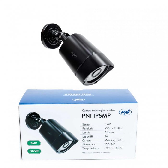 Camera supraveghere video PNI IP5MP cu IP, 5MP, H.265, ONVIF, de exterior si interior IP66, Senzor imagine: CMOS, Rezolutie: 2560 A 1920px, Tip lentila: f:3.6mm, Compresie imagine: H.265, Ethernet: