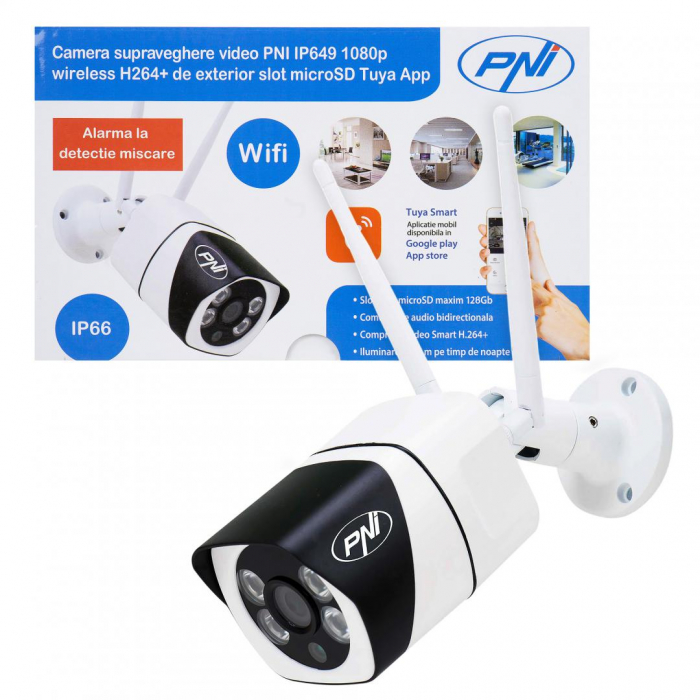 Camera supraveghere video PNI IP649 cu IP, 2MP 1080P, WiFi, slot card micro SD, compatibila cu aplicatia Tuya Smart, Culoare: Alb Negru, Senzor imagine:1 2.9 CMOS F37, Rezolutie: 1080P (1920 x 108