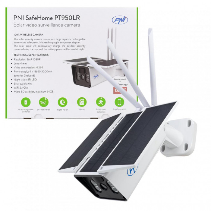 Camera supraveghere video PNI SafeHome PT950LR 1080P 2MP cu panou solar 6W, WiFi, acumulator, control prin aplicatia Tuya Smart, integrare in scenarii si automatizari smart cu alte produse compatibile