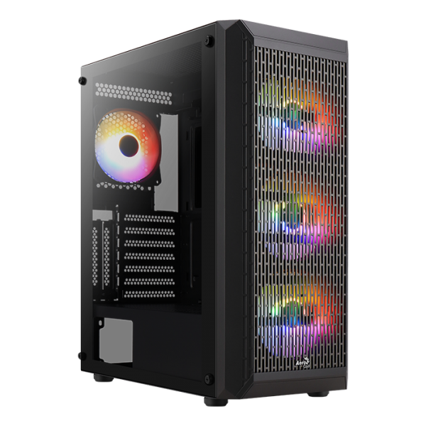 Carcasa Aerocool Beam V2 RGB neagra, SPCC ABS Steel ATX Mid Tower, fara sursa (tip ATX, montata jos), interior vopsit negru, 2x3.5, (2 x 3.5, sau 2 x 2.5, ³ intern), 4x2.5, (2 x 2.5, si 2 din locasurile