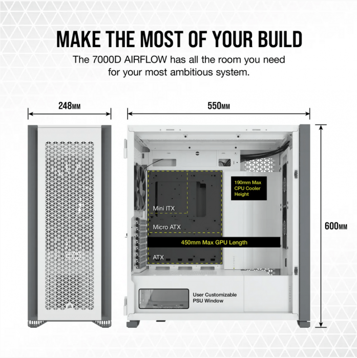 Carcasa Corsair 7000D AIRFLOW Full-Tower ATX PC Case , White Maximum GPU Length 450 mm Maximum PSU Length 225 mm Maximum CPU Cooler Height 190 m...