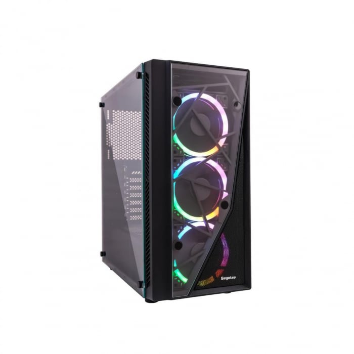 Carcasa Segotep Prime XL V2 neagra, SPCC Steel ATX Mid Tower, fara sursa (tip ATX, montata jos), interior vopsit negru, 2x 2.5, 3.5 (intern), 2x 2.5 (intern), fata , 3x 120mm LED RGB fans (inlcus)