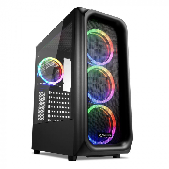 Carcasa Sharkoon TK5M RGB, 7 sloturi expansiune, tempered glass, 3x ventilatoare 120mm preinstalate, compatibil Mini-ITX Micro-ATX ATX