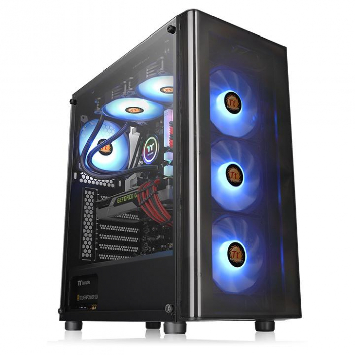 Carcasa Thermaltake V200 Tempered Glass RGB, SPCC Steel ATX Tower, farasursa (tip ATX, montata jos), interior vopsit negru, 2x3.5 (intern) ,3x 2.5 (intern), design tool-less, fata , 3x 120mm RGB LED