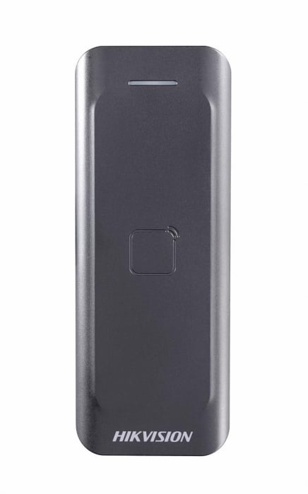 Card reader Hikvision, DS-K1802E; Reads EM card; Card Reading Frequency: 125KHz; Processor: 32-bit; Reading Range: , 50mm (, 1.97 ); Supports Wiegand(W27 W35) protocol, Dust-proof, IP 65.