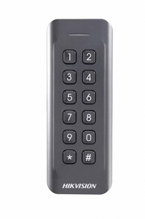 Card reader Hikvision, DS-K1802EK; Reads EM card, with keypad; Card Reading Frequency: 125KHz; Processor: 32-bit; Reading Range: , 50mm (, 1.97 ); Supports Wiegand(W27 W35) protocol, Dust-proof, IP 65.
