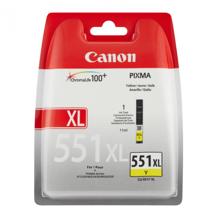 Cartus cerneala Canon CLI-551XL, yellow, capacitate 11ml, pentru Canon Pixma IP7250, Pixma IP8750, Pixma IX6850, Pixma MG5450, Pixma MG5550, Pixma MG6350, Pixma MG6450, Pixma MG7150, Pixma MX925.