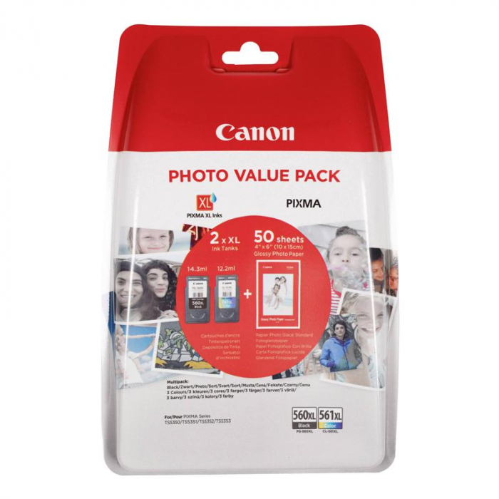 Cartuse cerneala Canon PG560XLPVP value pack, 4x6 Photo Paper (GP-501 50 sheets) + XL Black XL Colour Cartridges, capacitate 14.3ml 400 pagini negru, CL-561XL 12.2ml 300 pagini color, pentru PIXMA T