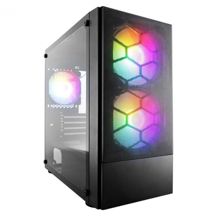 Case X4-M(M-ATX) BLACK, FRONT PANEL:METAL MESH COVER LEFT SIDE PANEL:TEMPERED GLASS Front 2 14cm RGB fan, F1-PLUS 14cm fan 4PIN(Molex) F1 12cm fan 4PIN(Molex) (2top ,1rear)