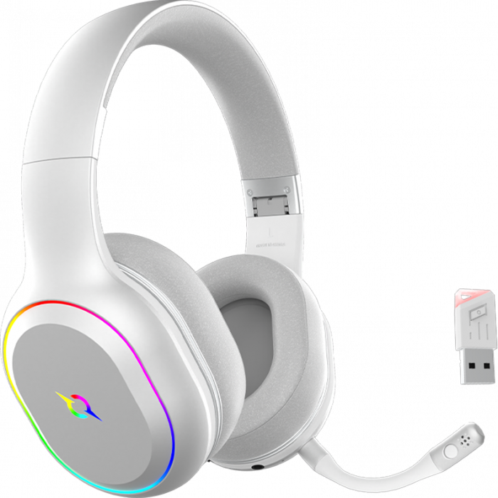 Casti over-ear AQIRYS Lyra, sistem de sunet 3D Stero, Dual wireless si cu fir, BT cu microfon flexibil, interfata USB 2.0, durata baterie pana la 27h, frecventa 20 Hz - 20Hz, cu iluminare RGB, albe