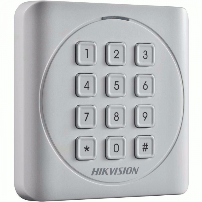 Cititor card cu tastatura Hikvision DS-K1801MK, citeste carduri MIFARE 13.56MHz, distanta citire: 50mm, comunicare: Wiegand 26 34 protocol, tastatura cu 12 butoane, indicator LED de stare si alimenta