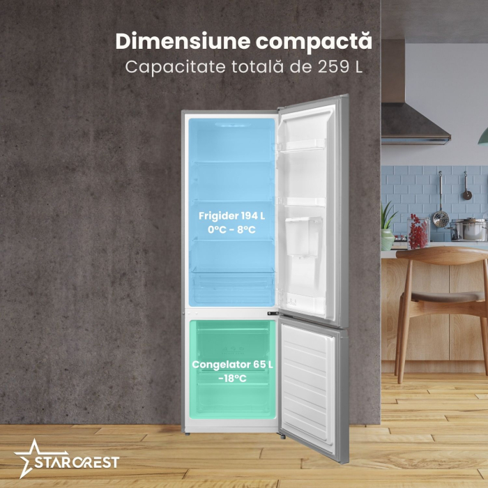Combina frigorifica STARCREST SC-259WD-IX, 259 L, Clasa E, Dozator Apa, Less Frost, Termostat reglabil, Iluminare LED, Picioare ajustabile, Usi reversibile, H 177.3 cm, Inox [3]