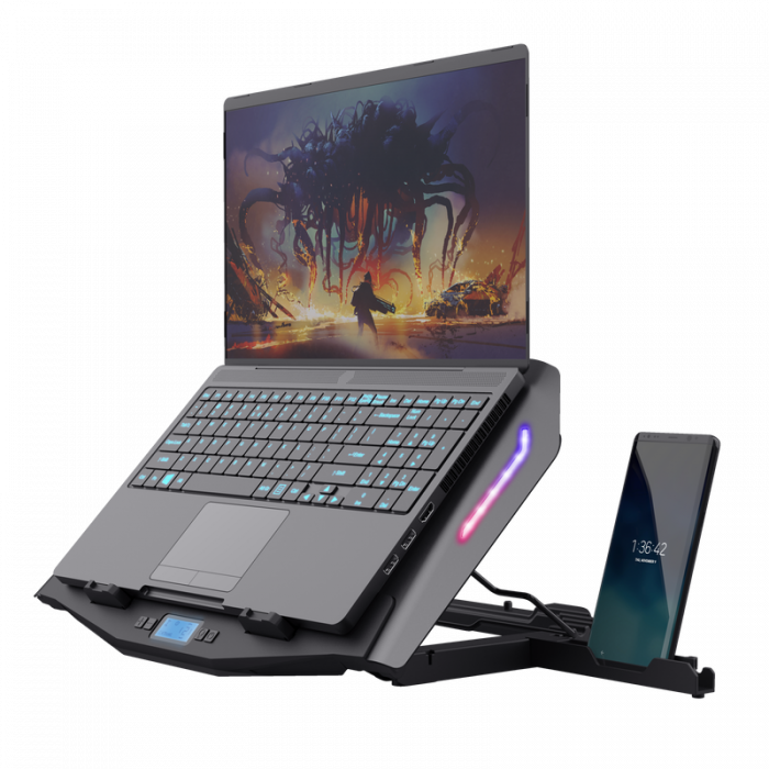 Cooler laptop Trust GXT 1127 Yoozy, pentru laptopuri cu diagonala de pana la 17.3 , 2 ventilatoare, viteza rotatie 1500 RPM, interval zgomot 30 dBA - 35 dBA, iluminare RGB, negru