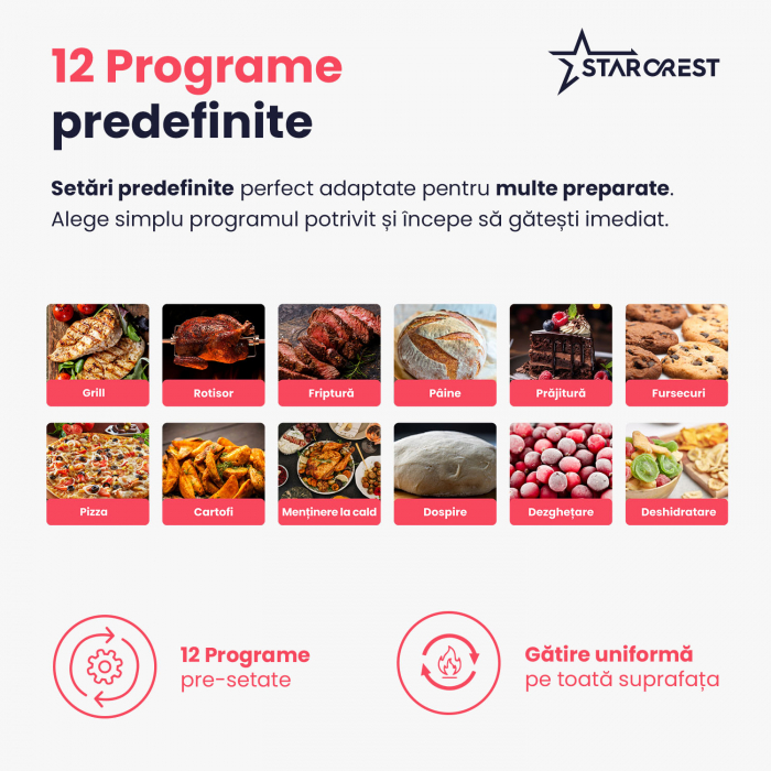Cuptor electric STARCREST SO-3511BK, 35L, 1500W, Rotisor, Convectie, 12 Programe predefinite, Interfata digitala, Negru [6]