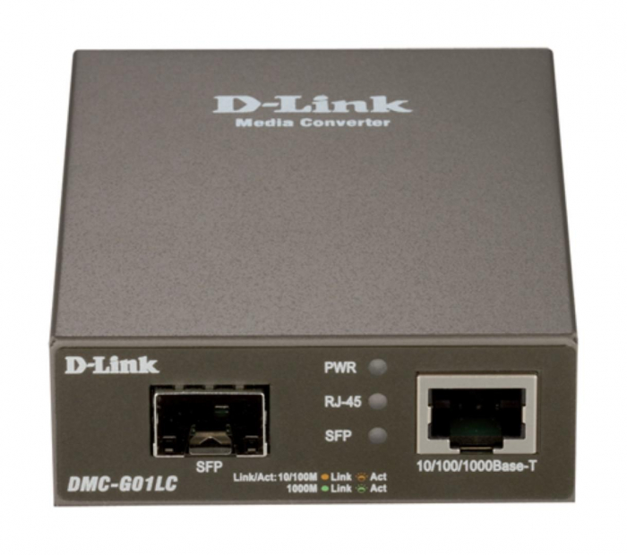 D-link DMC G01LC 1000BaseT to SFP Standalone Media Converter, 1 x 10 100 1000 Mbps port, IEEE 802.3u x 3ab, Auto-Negotiation, Auto MDI MDIX, Max. Forwarding Rate 1,488,000 pps Switching Capacity: 2 Gb