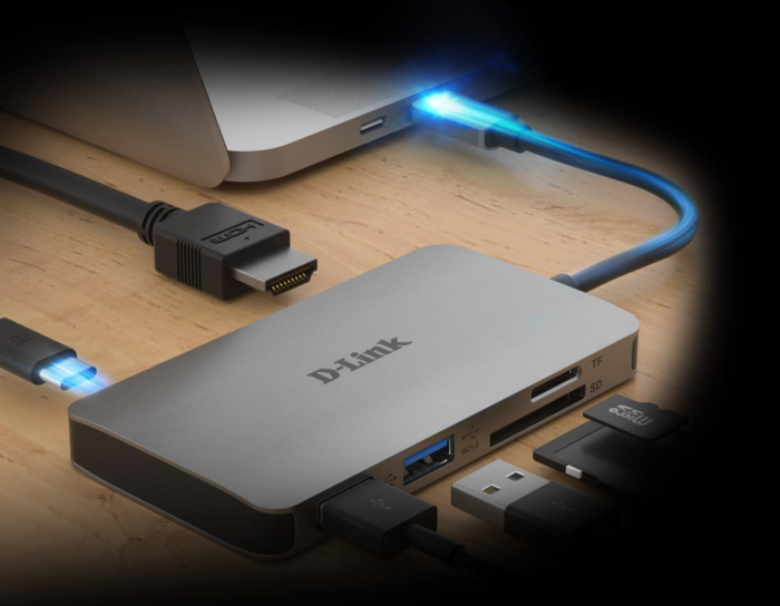 D-Link DUB-M610 6-in-1 USB-C Hub with HDMI, SD microSD card reader and powerdelivery, DUB-M610,1 USB-C connector with USB cable 11.5 cm, 1 HDMI Port, 2 USB Type-APort (USB 3.0), 1 SD card slot, 1