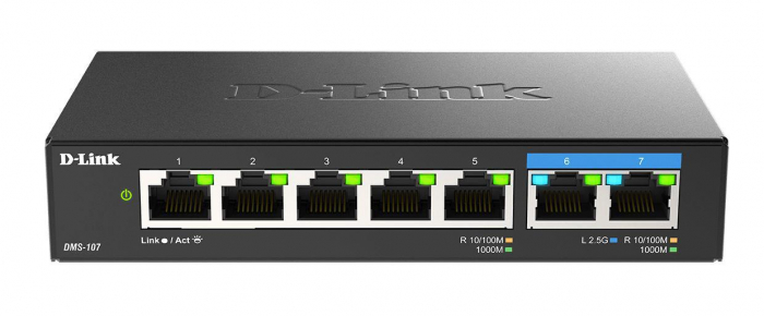 D-Link switch DMS-107, 7 porturi, Standarde si protocoale: IEEE 802.3 10BASE-T, IEEE 802.3u 100BASE-TX, IEEE 802.3ab 1000BASE-T, IEEE 802.3bz 2.5GBASE-T5 porturi Gigabit, 2 porturi 2.5Gbps, Capaci