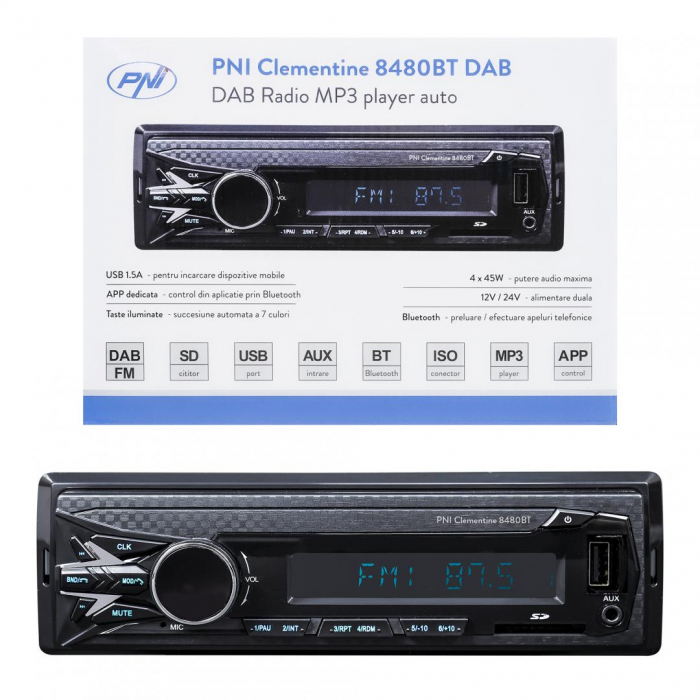 DAB si RDS radio MP3 player auto PNI Clementine 8480BT 4x45w, 12 24V, 1 DIN, cu SD, USB, AUX, RCA, Bluetooth si USB 1.5A pentru incarcare telefon, Radio: FM DAB+, Radio FM: 87.5MHZ - 108.0MHZ, Radio D