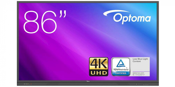 Display interactiv (tabla interactiva) Optoma Seria 3 3861RK 86 (218cm), UHD, luminozitate 370nit, backlight Direct LED, timp raspuns 8ms, contrast 1200:1, Android 8.0, CPU Dual-core A73 + dual-core